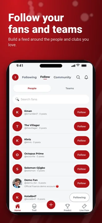 Follow your fans and teams: build a feed around the people and clubs you love