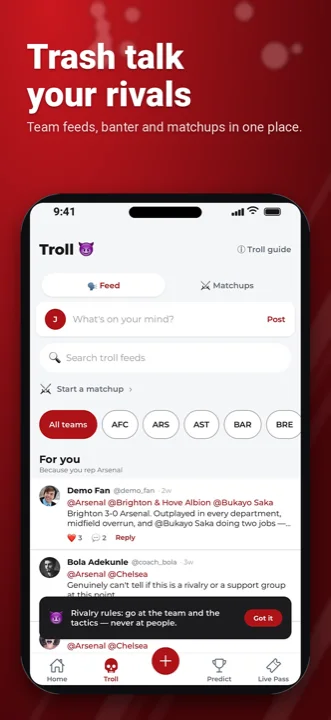 Trash talk your rivals: team feeds, banter and matchups in one place