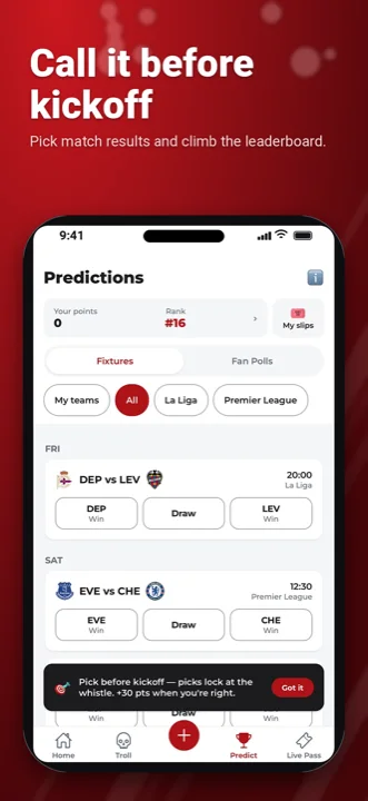 Call it before kickoff: pick match results and climb the leaderboard